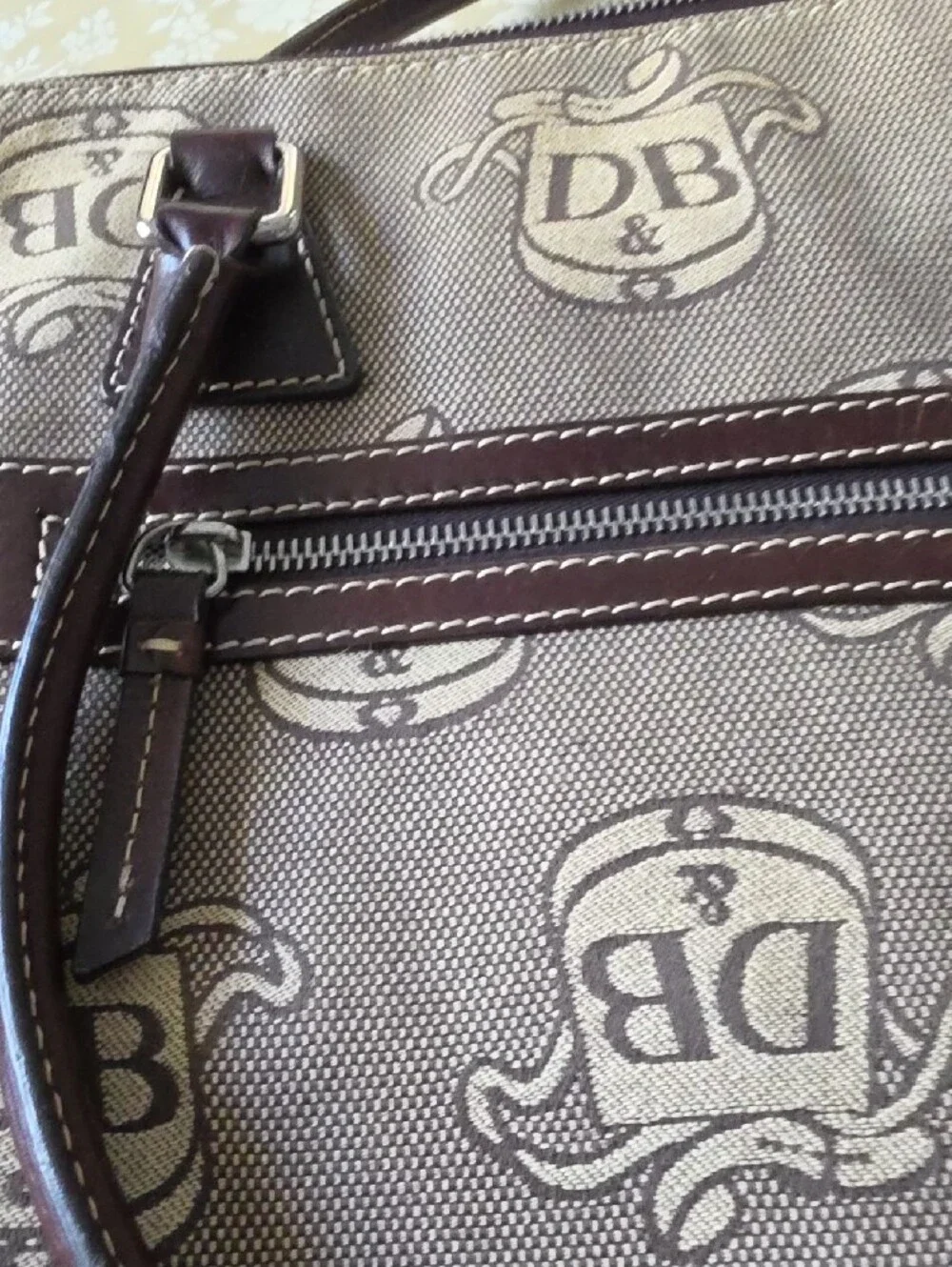 DB Patterned Canvas Satchel with Brown Leather Trim